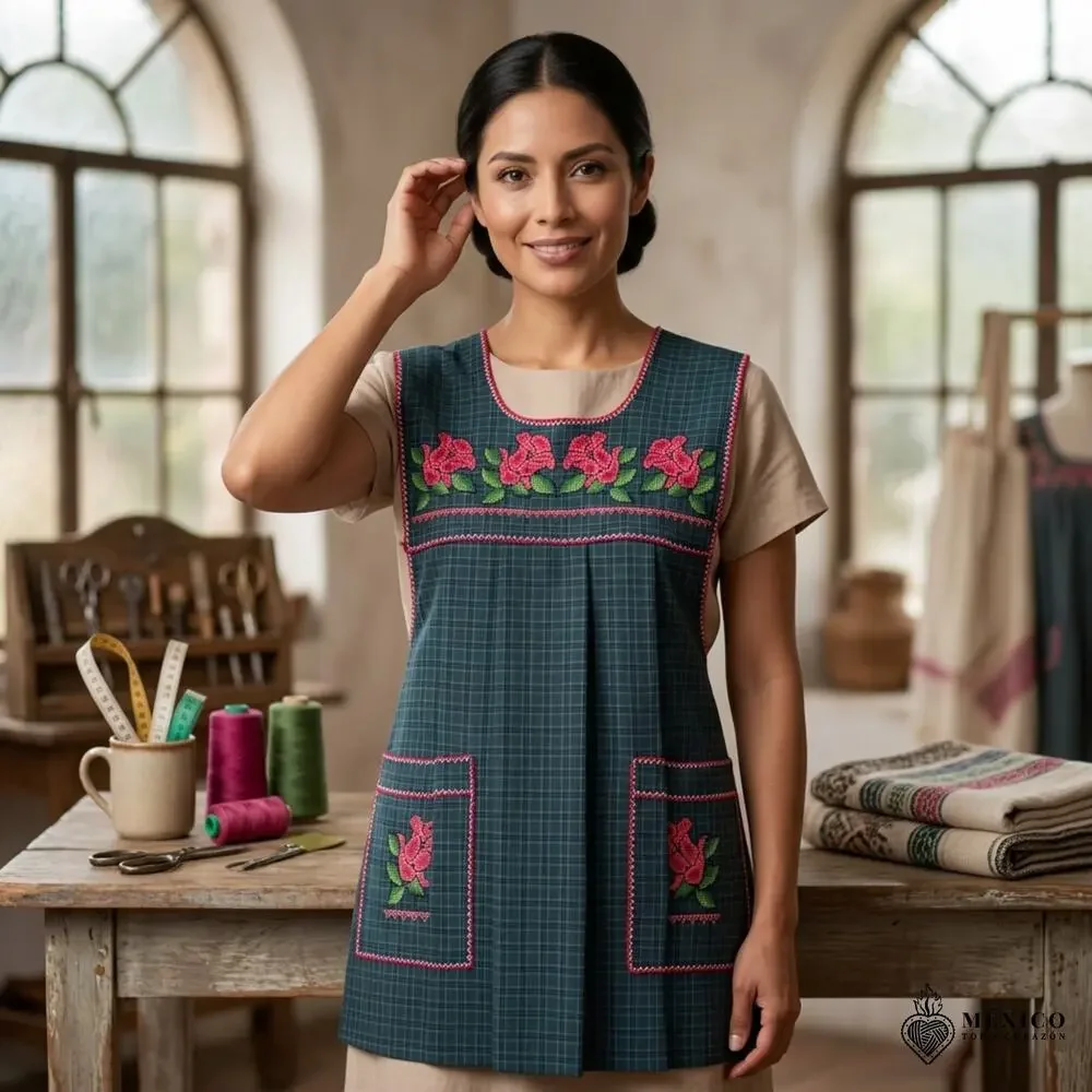 Traditional Mexican Cross-Stitch Embroidered Apron – Deluxe Artisan Smock Style